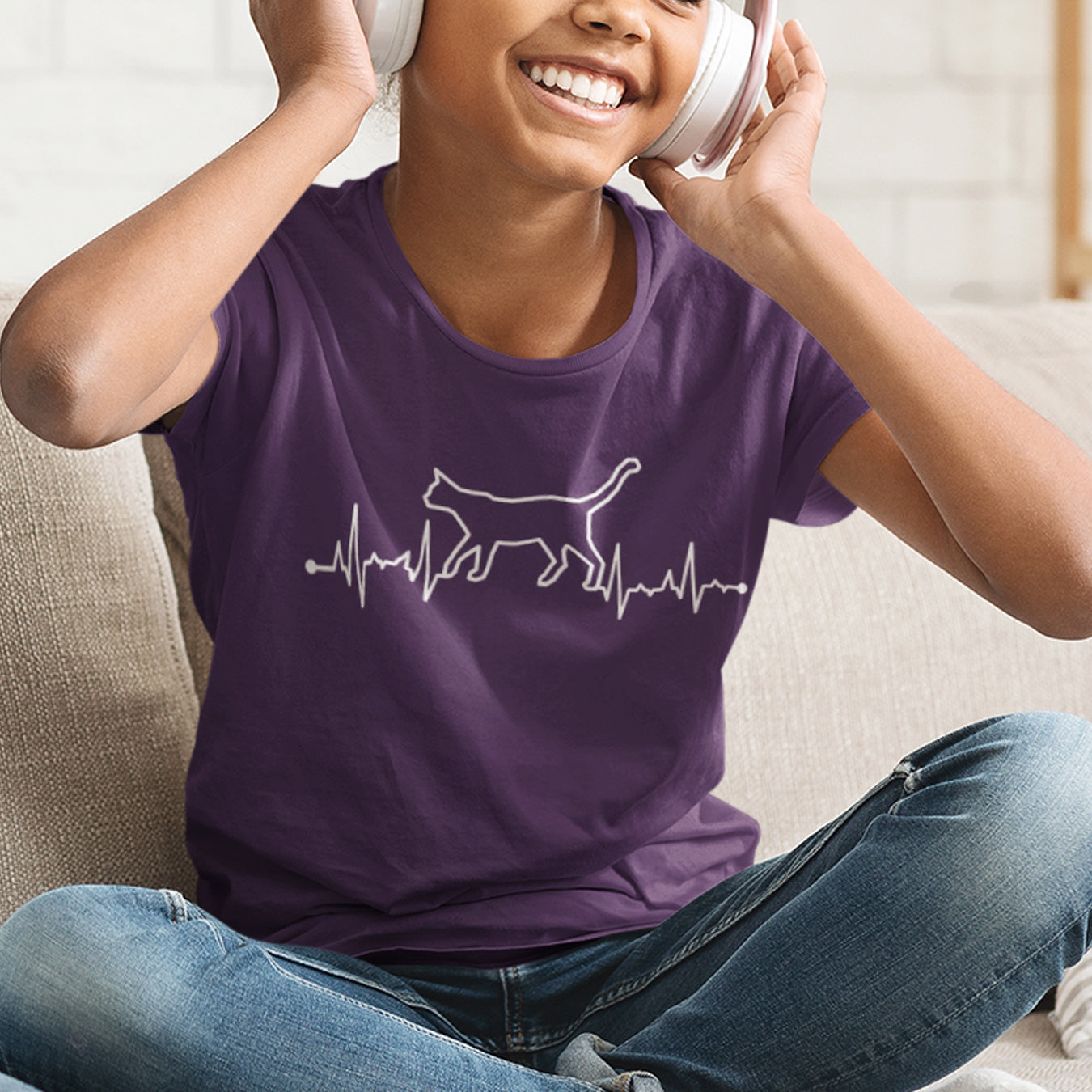 Herzschlag EKG Katze Kinder T-Shirt