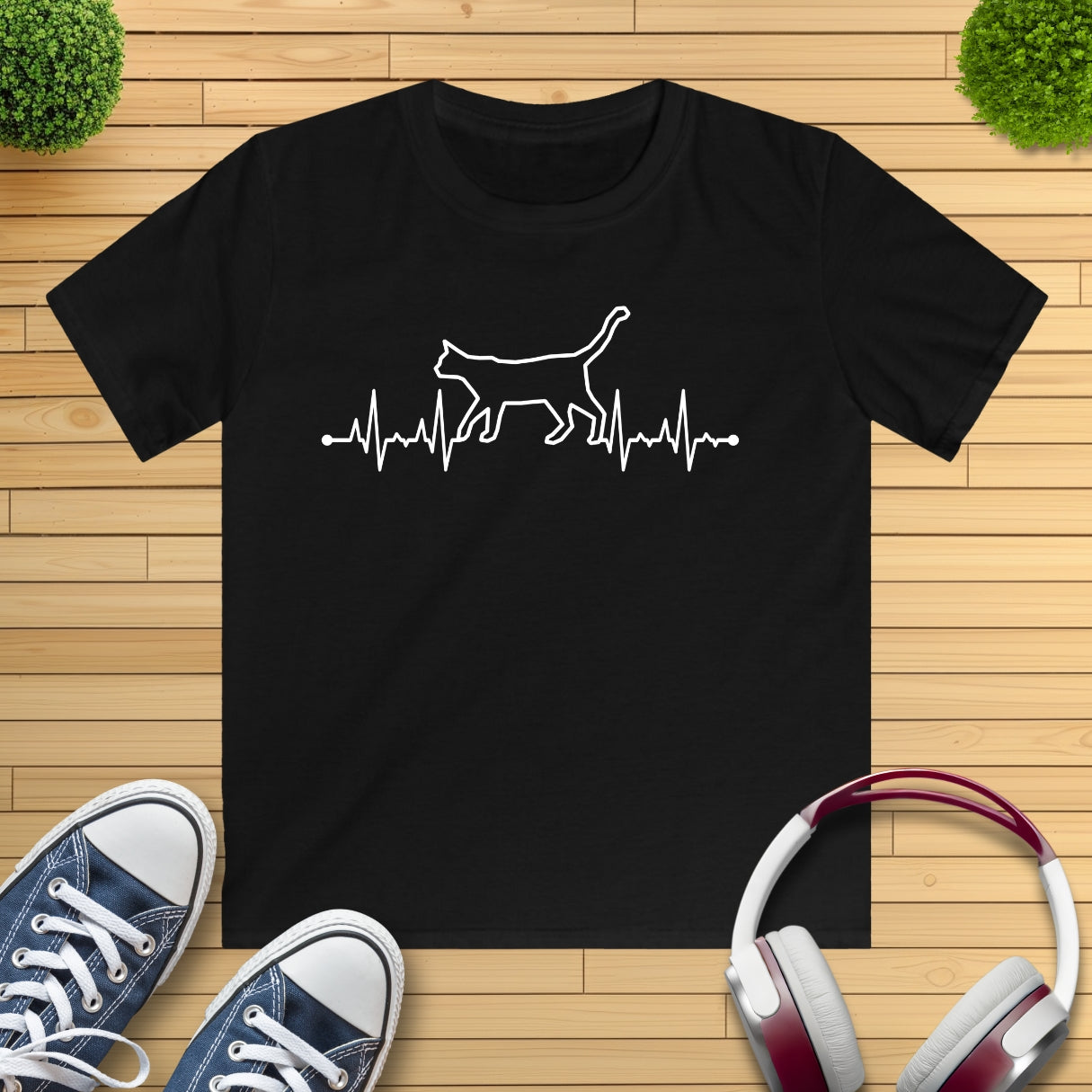 Herzschlag EKG Katze Kinder T-Shirt