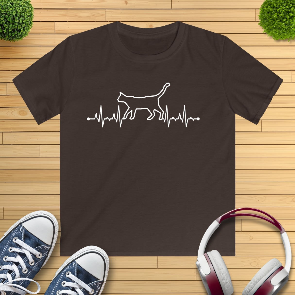 Herzschlag EKG Katze Kinder T-Shirt
