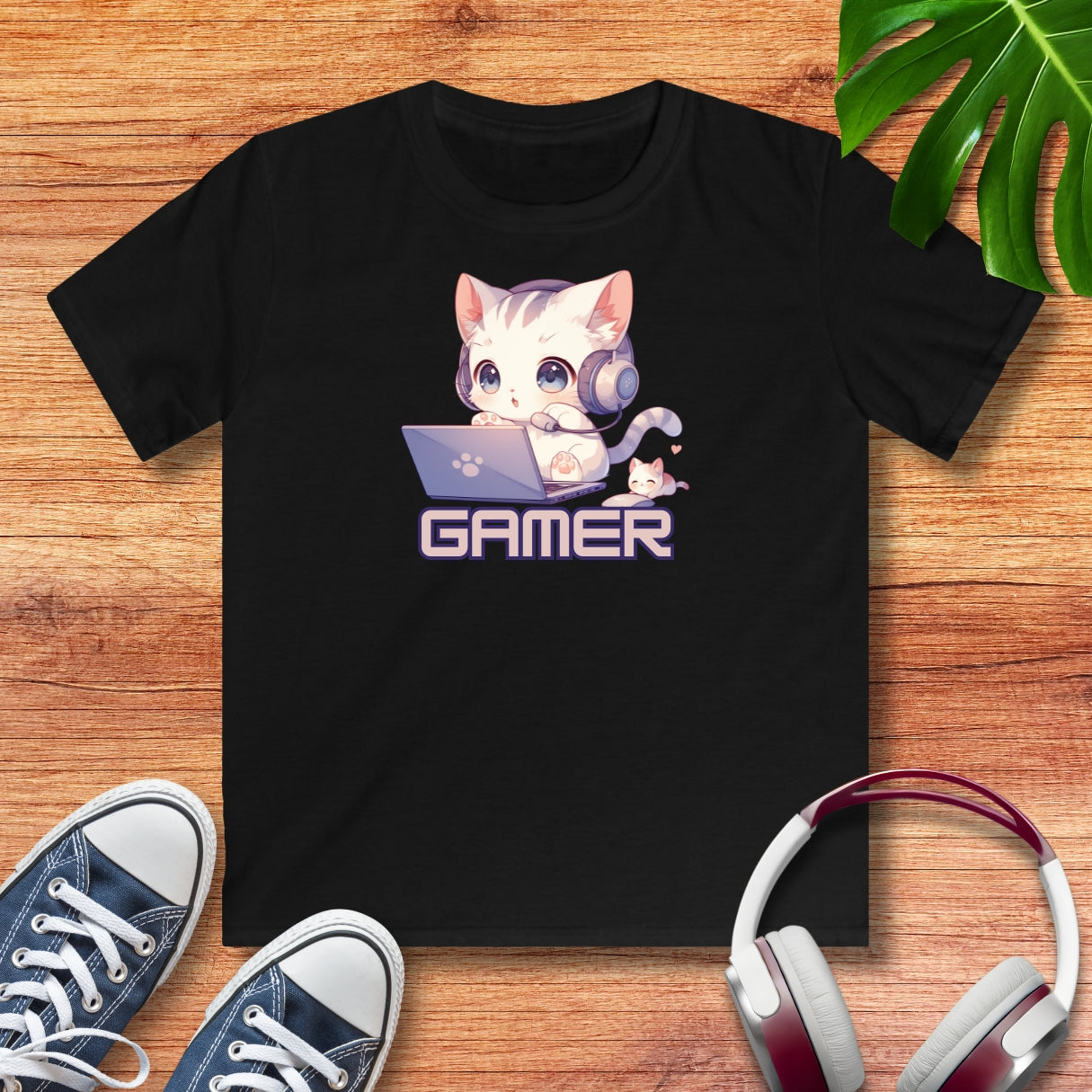 Kawaii Gamer Kitten Kinder T-Shirt
