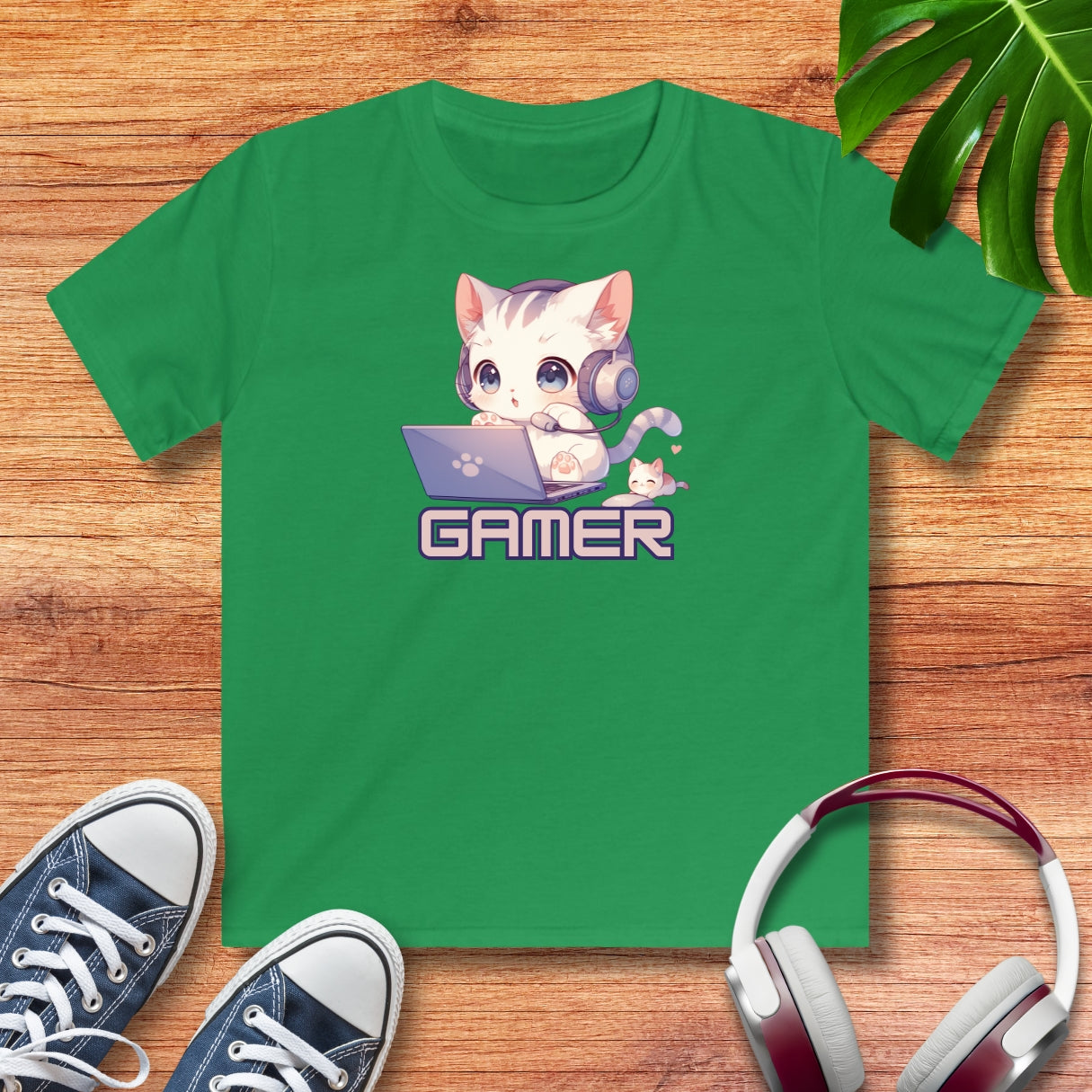 Kawaii Gamer Kitten Kinder T-Shirt