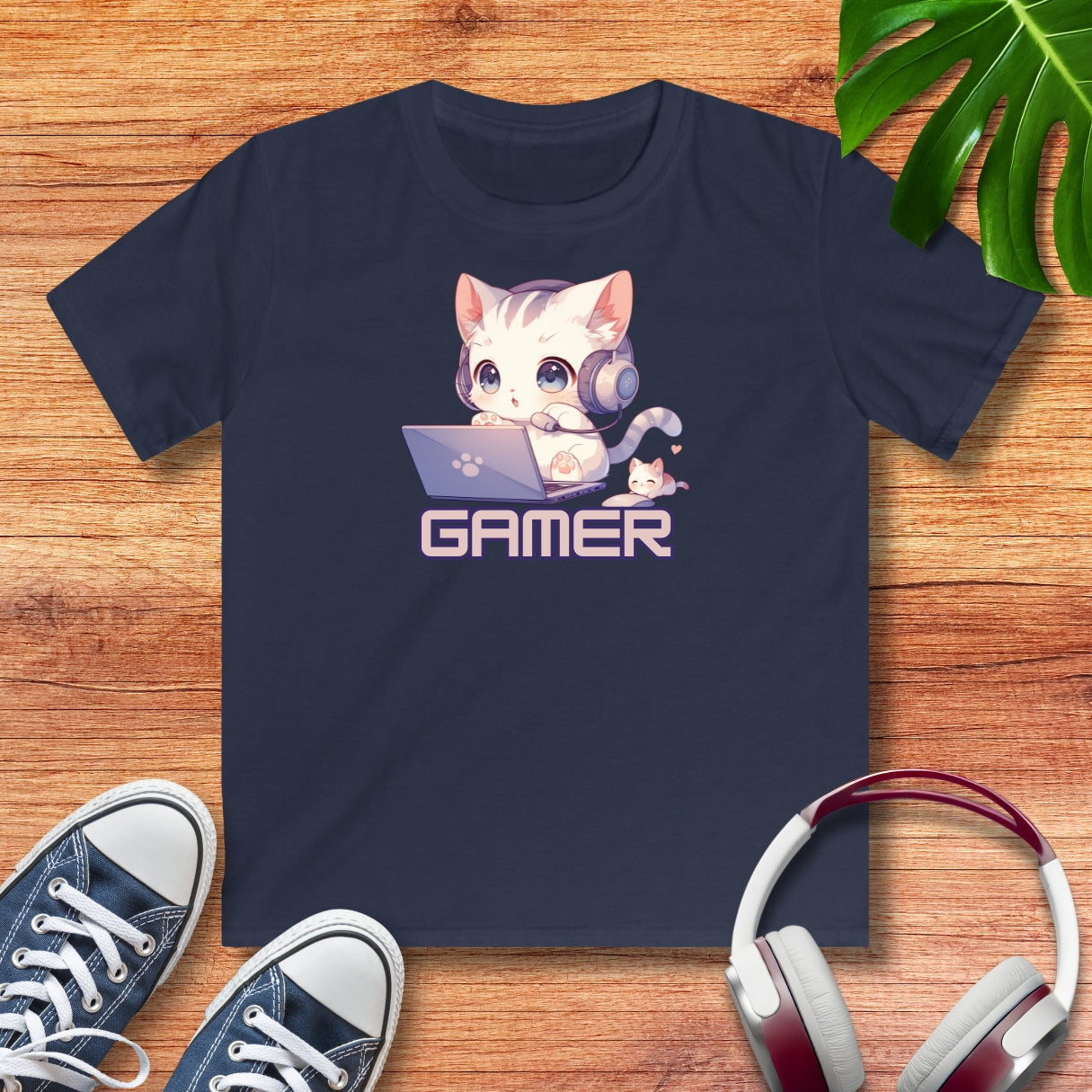 Kawaii Gamer Kitten Kinder T-Shirt