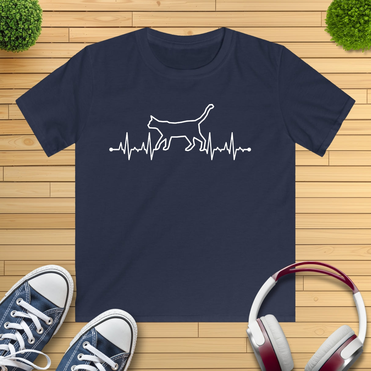 Herzschlag EKG Katze Kinder T-Shirt