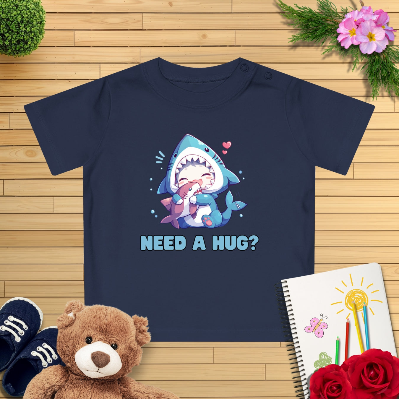 Kawaii Kitten kuschelt Hai Baby T-Shirt
