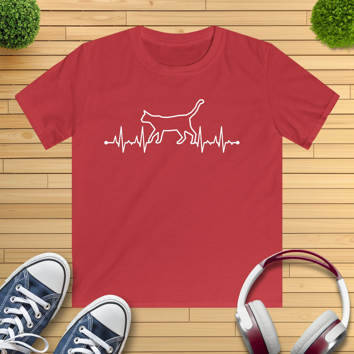 Herzschlag EKG Katze Kinder T-Shirt