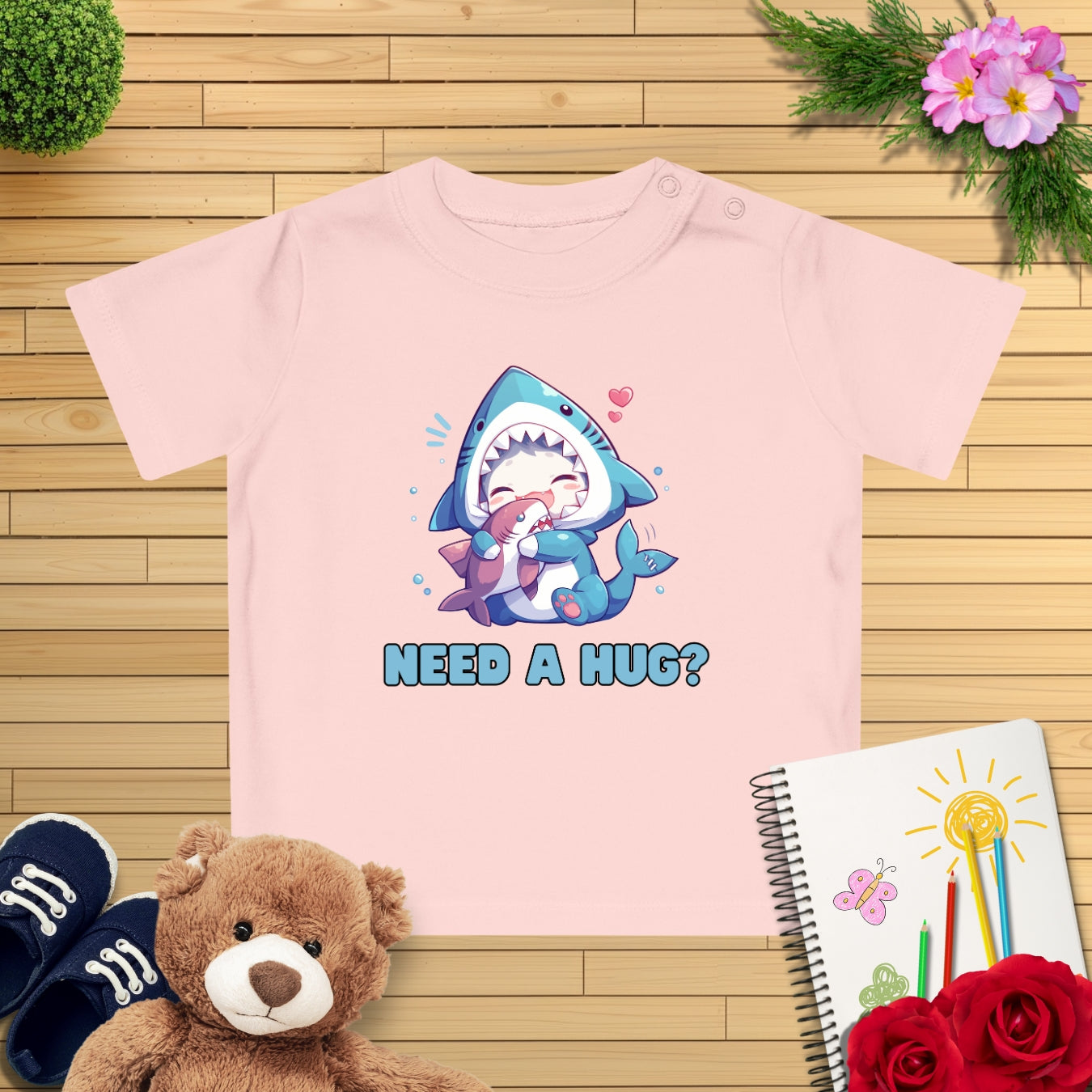 Kawaii Kitten kuschelt Hai Baby T-Shirt