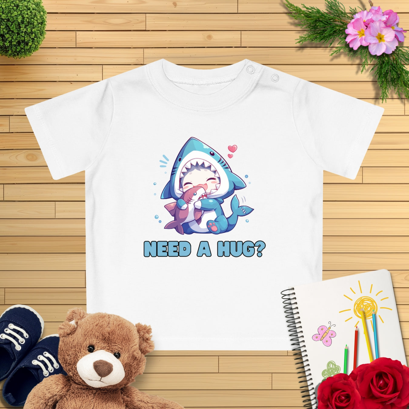 Kawaii Kitten kuschelt Hai Baby T-Shirt
