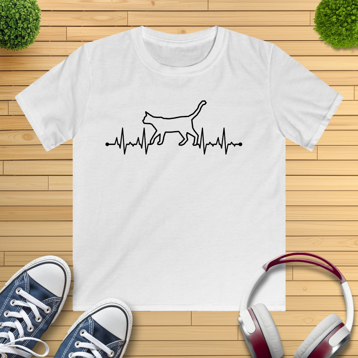 Herzschlag EKG Katze Kinder T-Shirt