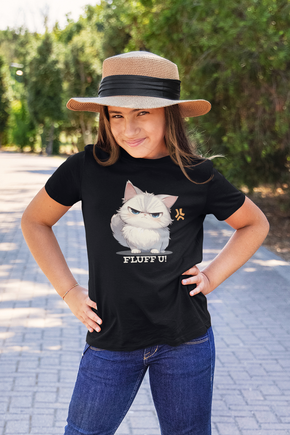 freche Katze "Fluff U!" Kinder T-Shirt
